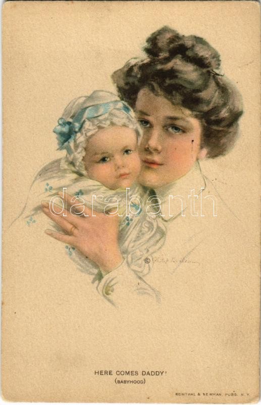 Here comes daddy! (Babyhood) Lady with child. Reinthal & Newman Water Color Series No. 378. s: Philip Boileau, Itt jön apuci! Hölgy gyermekkel. Reinthal & Newman Water Color Series No. 378. s: Philip Boileau