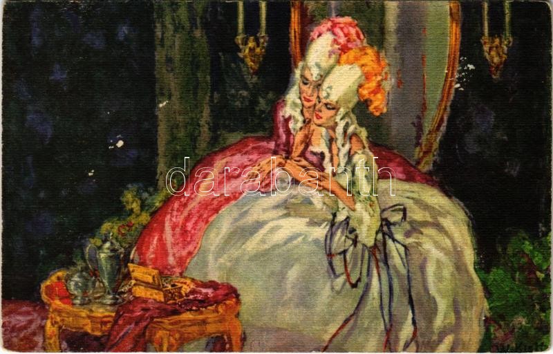 Barokk hölgyek művész képeslap. No. 608. artist signed, Baroque lady art postcard. No. 608. artist signed