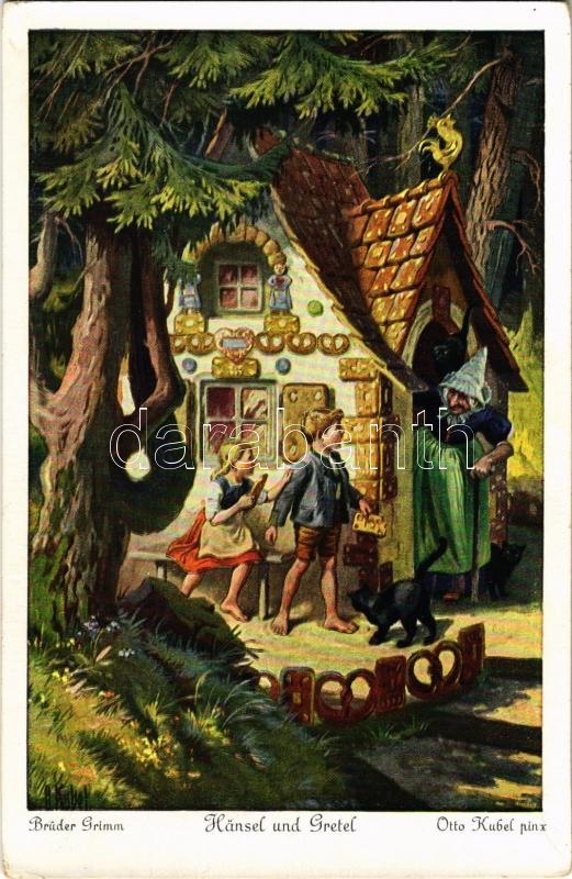 Jancsi és Juliska, Grimm testvérek művészi képeslap. Uvachrom Nr. 3714. Serie 125. s: O. Herrfurth, Hansel und Gretel. Brüder Grimm / Brothers Grimm folk fairy tale art postcard. Uvachrom Nr. 3714. Serie 125. s: O. Herrfurth
