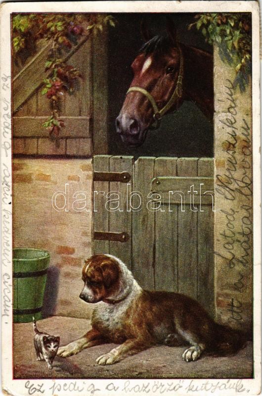 1933 Dog with horse and cat. M. M. Nr. 1165., 1933 Kutya lóval és macskával. M. M. Nr. 1165.