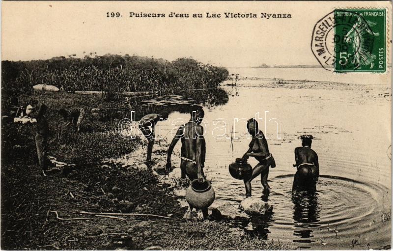 1908 vízhordozók, Afrikai folklór, TCV card, 1908 Puiseurs d'eau au Lac Victoria Nyanza / at Viktoria Lake, water carriers, African folklore, TCV card