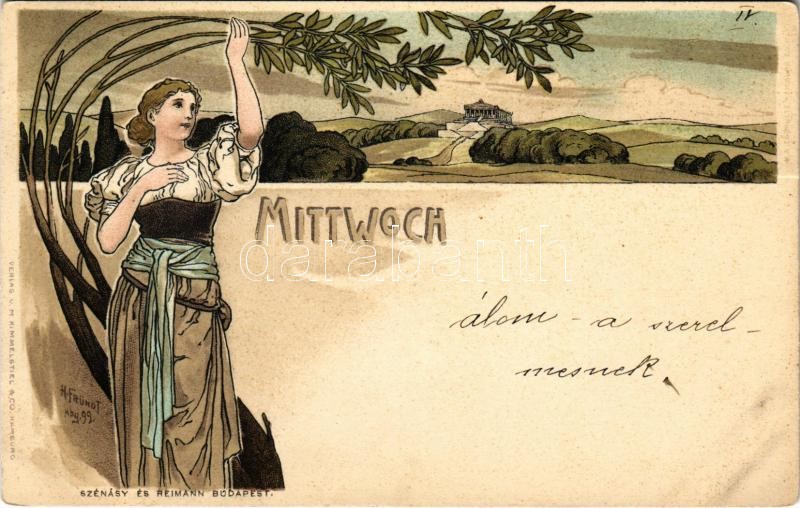 Szerda. Verlag v. M. Kimmelstiel & Co. Art Nouveau lady litho art postcard s: H. Fründt, Mittwoch. Verlag v. M. Kimmelstiel & Co. Art Nouveau lady litho art postcard s: H. Fründt