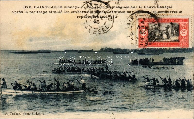 1929 Saint Louis, Courses de pirogues sur le fleuve Sénégal, Aprés le naufrage simulé les embarcations sont remises sur l'eaucet les concurrents / canoe races on the Senegal River, TCV card