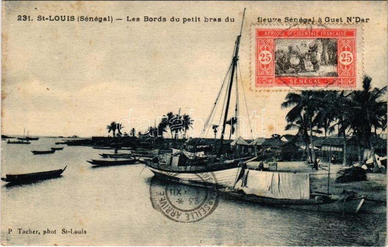 1929 Saint-Louis, Les Bords du petit bras du fleuve Sénégal á Guet N'Dar / river, boats, sailboat, TCV card (creases)