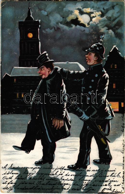 1899 German policeman at night in winter. litho, 1899 Német rendőr éjszaka télen. litho