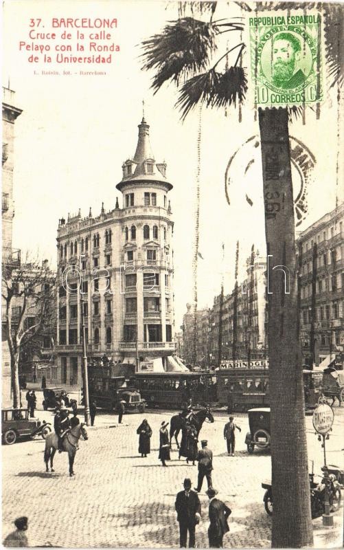 Barcelona, Cruce de la calle Pelayo con la Ronda de la Universidad / street view, tram, autobus, automobile, mounted policeman. TCV card