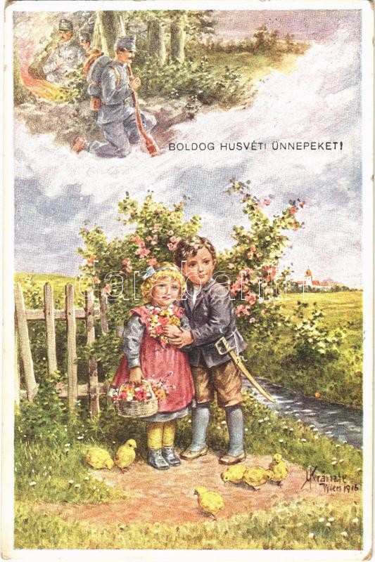 WWI Austro-Hungarian K.u.K. military Easter greeting. H.H.i.W. Serie 1315. s: Kränzle, Boldog Húsvéti Ünnepeket! H.H.i.W. Serie 1315. s: Kränzle