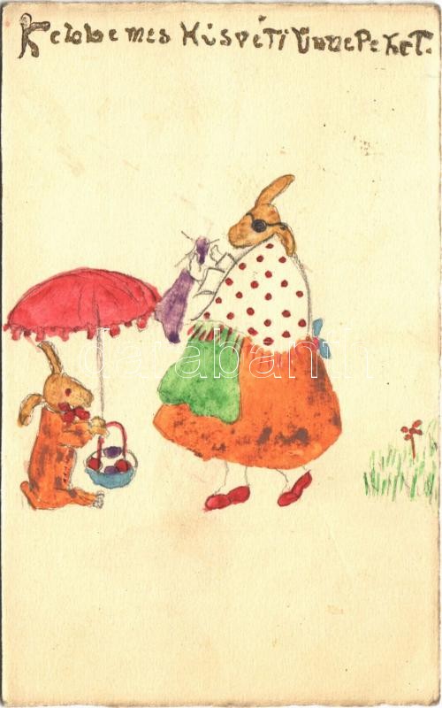 1922 Kellemes Húsvéti Ünnepeket! Kézzel rajzolt egyedi lap, Hand-drawn custom-made Easter greeting card