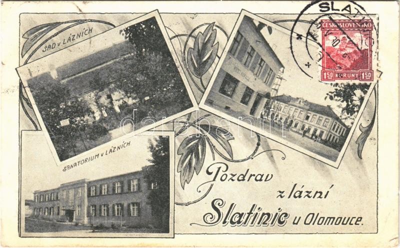 1930 Slatinice, Sad v Láznich, Sanatorium / park, street view, sanatorium. Floral. TCV card