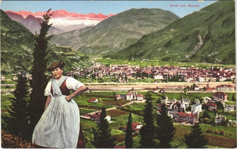 Bolzano, Bozen (Südtirol); Gruß aus... general view, South Tyrolean folklore. Gerstenberger & Müller 353.