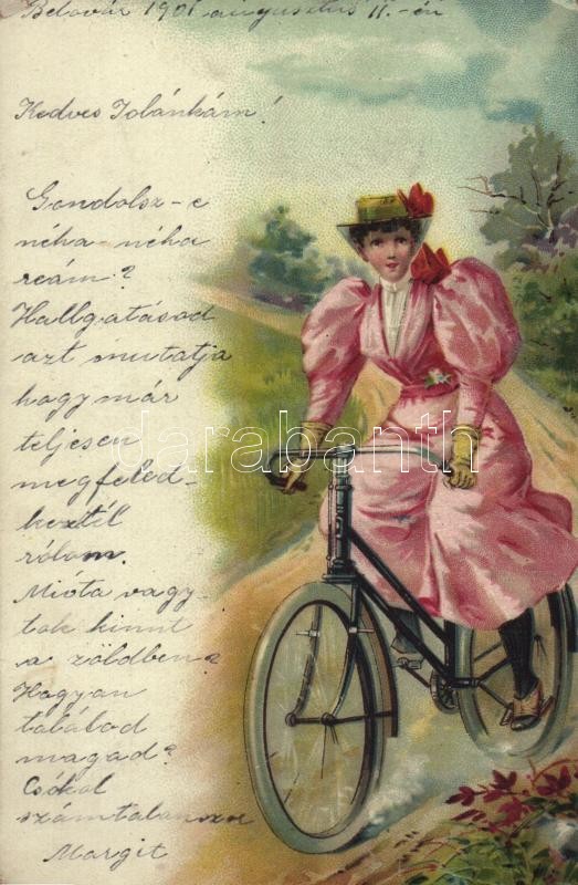 1901 Lady on bicycle. litho, 1901 Bicikliző hölgy. litho