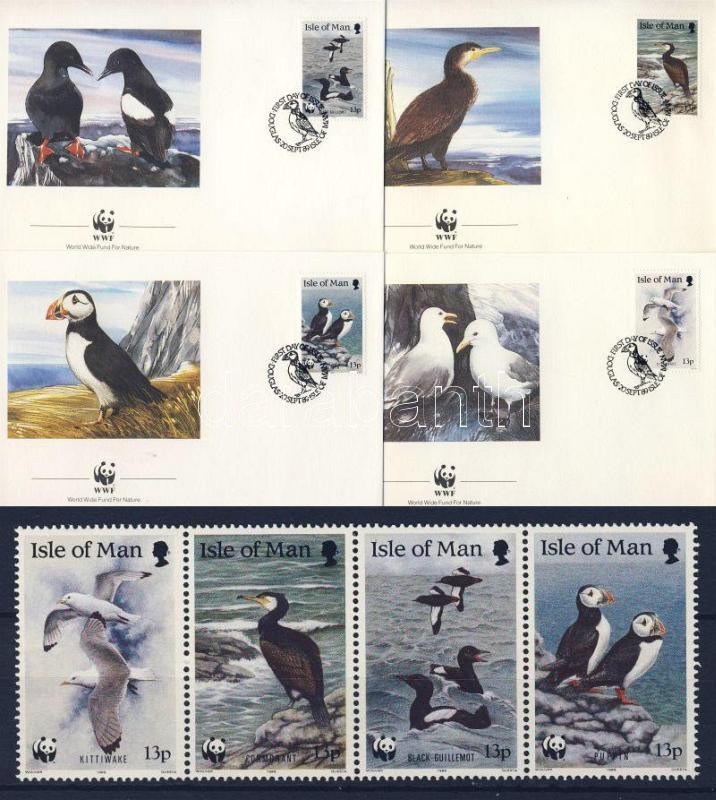 WWF Sea birds stripe of 4 + a same set on 4 FDC, WWF Tengeri madarak négyescsík + ugyanaz a sor 4 FDC-n, WWF Seevögel Viererstreifen + gleicher Satz an 4 FDC