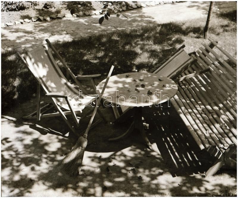 cca 1933 Thöresz Dezső (1902-1963) békéscsabai gyógyszerész és fotóművész hagyatékából  vintage NEGATÍV (Kertrészlet seprűvel), 6x9 cm