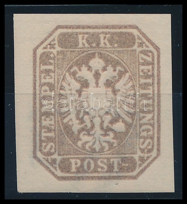 Newspaper stamp reprint, purple-brown, with large watermark. Certificate: Strakosch, Hírlapbélyeg újnyomat lilásbarna, nagy vízjellel Certificate: Strakosch