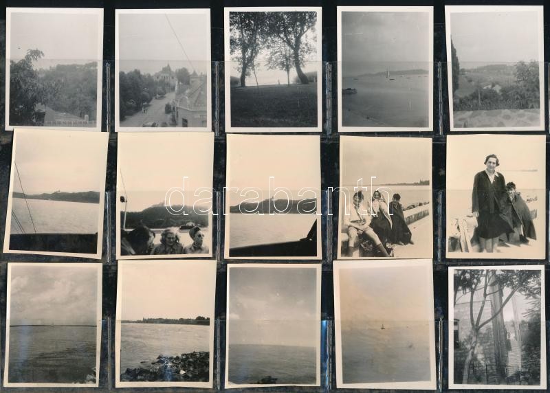 1949 és 1955 Balaton, Kinszki Imréné és Kinszki Judit felvételei Révfülöp, Balatonfüred, Siófok, Tihany, Tapolca feliratokkal, 15 db vintage fotó, 5,8x4,5 cm