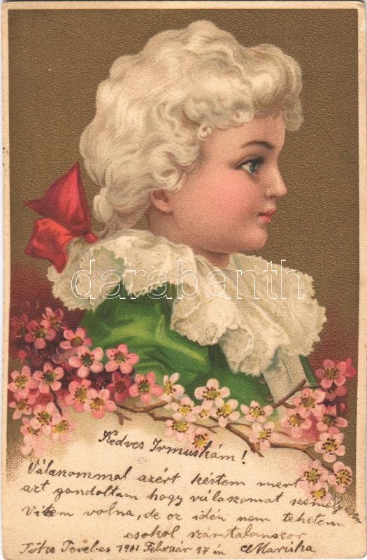 1901 Baroque child art postcard. Floral, litho, 1901 Barokk gyerek virágokkal, litho