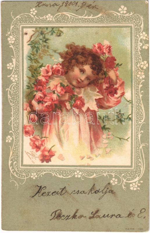 1901 Child with roses. Art Nouveau, floral, litho, 1901 Gyermek rózsákkal, Art Nouveau, litho