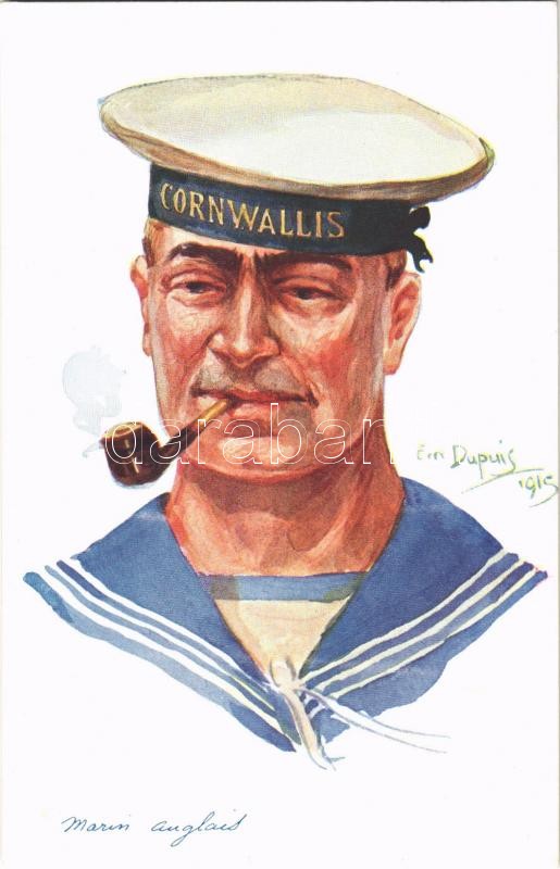 Marin Anglais / English marine, HMS Cornwallis (Royal Navy). French military art postcard. Visé Paris No. 51. "Nos Alliés" 2e Série s: Em. Dupuis, Angol matróz HMS Cornwallis (Királyi haditengerészet), Francia képeslap Visé Paris No. 51. "Nos Alliés" 2e Série s: Em. Dupuis