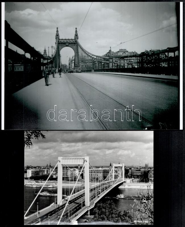 Budapest, a régi és az új Erzsébet híd, mindkettőn villamos, 2 db fotó, az egyik mai nagyítás, 13x18 cm és 18x24 cm