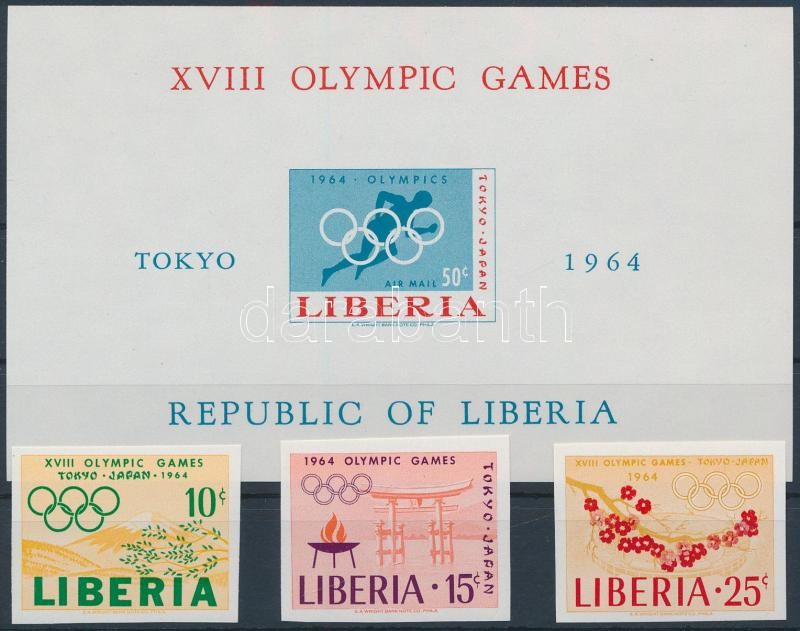 Tokyo Olympics imperforated set + imperforated block, Tokiói olimpia vágott sor + vágott blokk