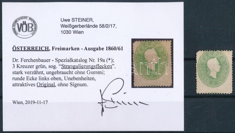 3kr zöld, képbe fogazott bélyeg, fal felső sarok lekerekített Certificate: Steiner, 3kr green, shifted perforation Certificate: Steiner