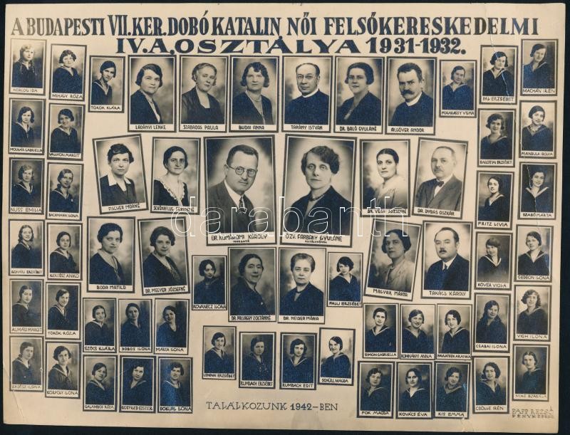 1932 Budapest, VII. ker. Dobó Katalin Felsőkereskedelmi Iskola tanárai és végzős tanulói, vintage kistabló nevesített portrékkal, a kép felületén törésvonalak, alsó szélén szakadás, 16,5x22 cm