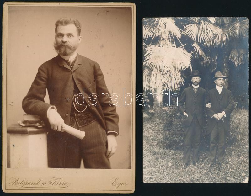 cca 1890 Eger, Pelgrund és Társa fényképészeti műtermében készült, keményhátú vintage fotó, hozzáadva 1 db privát fotólapot 1911-ből; mindkét kép az Egerben élő Hevesi színészcsalád hagyatékából került elő, 16x11 cm és 14x8,6 cm