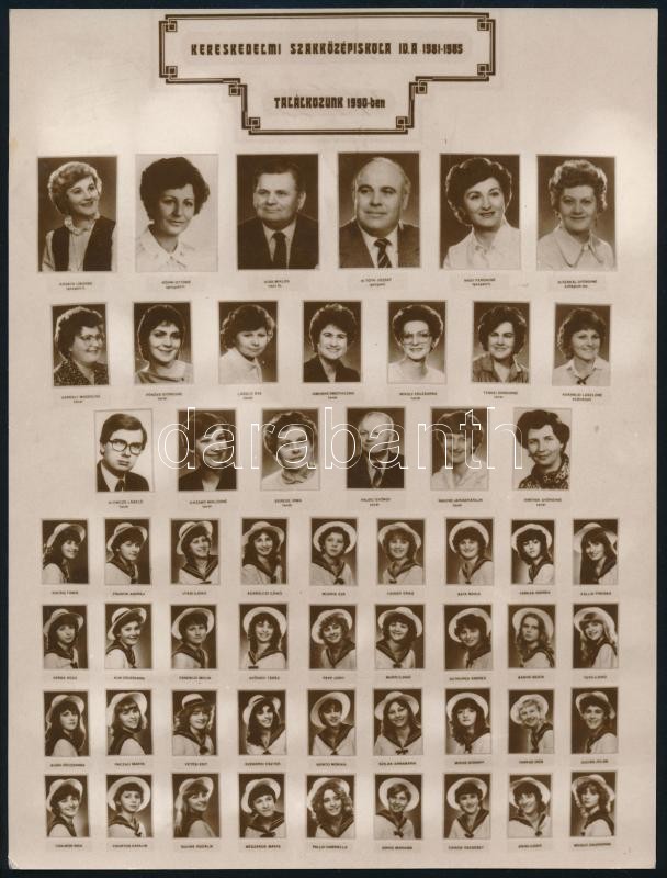 1985 Kereskedelmi Szakközépiskola tanárai és végzős tanulói, kistabló nevesített portrékkal, 24x18 cm