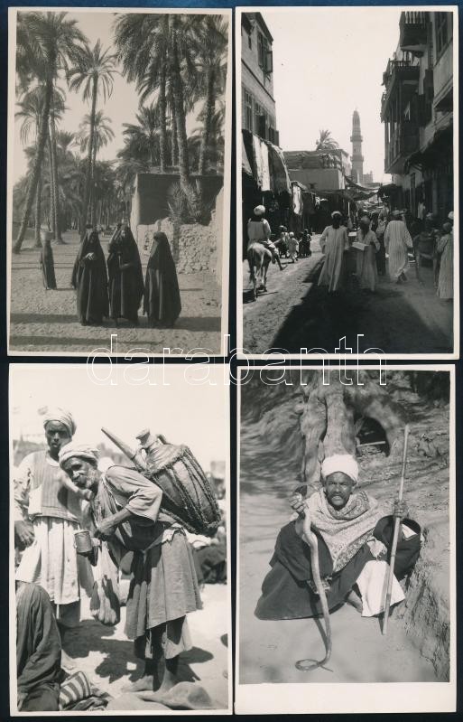cca 1910 Egyiptom, 9 db vintage fotó és/vagy fotólap sokféle témáról (vízárus, arab piac, teve a szántásban, vitorlások, stb.), a Central Photo Store Luxor pecsétjével ellátott fényképek, 8,6x13,7 cm