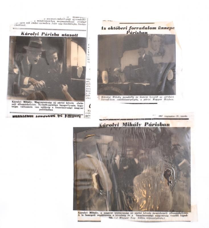 1947 Károlyi Mihály (1875-1955) politikus, párizsi nagykövetsége idején, 3 db vintage sajtófotó DIAPOZITÍV (amelyeket a nyomtatáshoz szükséges klisék elkészítéséhez használtak), a Magyar Nap c. lap archívumából, ragasztási hibákkal, 7,5x9,7 cm és 10x14,8 cm között
