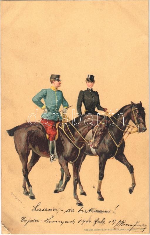 1900 Hungarian art postcard, lady riding with K.u.K. military officer. Kunstanstalt Kosmos litho s: Geiger R., 1900 Hölgy Cs. és k. katonatiszttel.. Kunstanstalt Kosmos litho s: Geiger R.