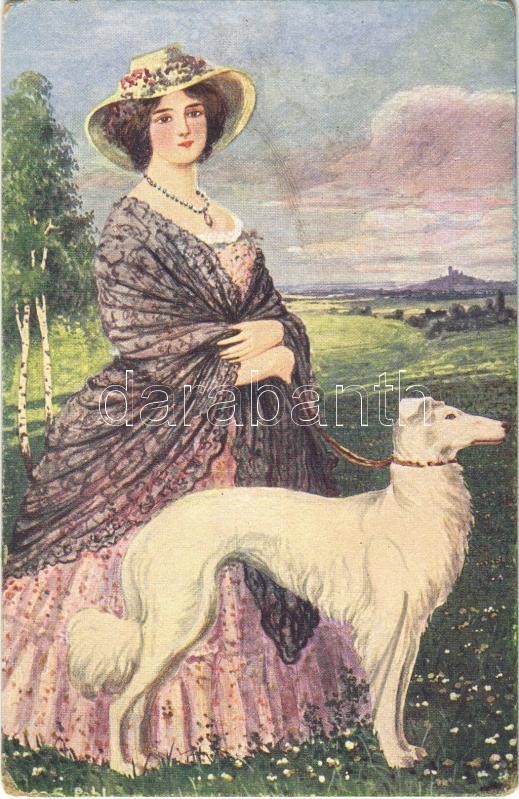 Hölgy kutyával, művészi képeslap (kopott sarkak), Edle Rasse / Lady art postcard, dog (worn corners)