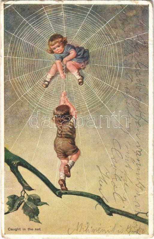 1924 Caught in the net / Children art postcard, spider web, 1924 'Csapdában a hálóban, gyerek képeslap.