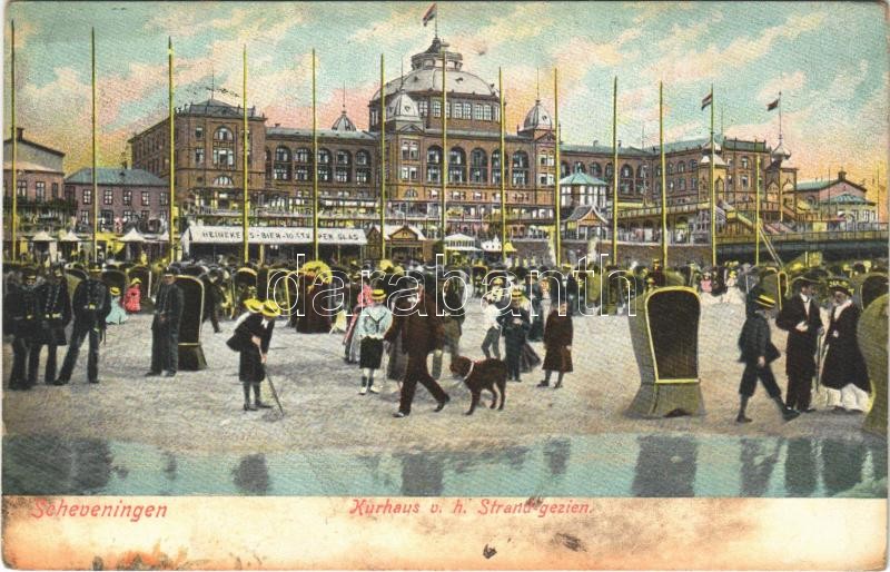 1904 Den Haag, s'-Gravenhage, The Hague; Scheveningen. Kurhaus v. h. Strand gezien / beach, promenade, Heineken beer (pinhole)