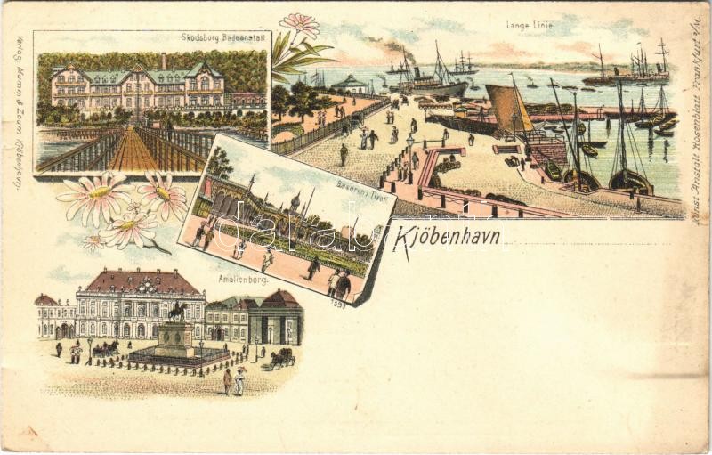 Copenhagen, Kobenhavn; Skodsborg Badeanstalt, Lange Linie, Amalienborg, Basaren i. Tivoli / port, quay, spa, bath, bazaar, royal palace. Verlag Mumm & Zoum. Kunstanstalt Rosenblatt Art Nouveau, floral, litho