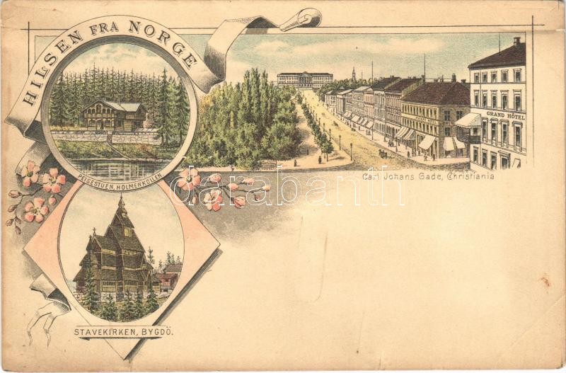 Hilsen Fra Norge. Peisestuen (Holmenkollen), Stavekirken (Bygdö), Carl Johans Gade (Christiania). Art Nouveau, floral, litho