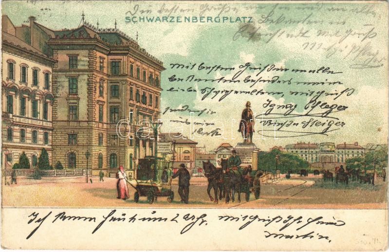 1902 Wien, Vienna, Bécs; Schwarzenbergplatz / square, horse-drawn carriage, tram. Art Nouveau, litho