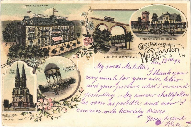 1897 (Vorläufer!) Wiesbaden, Hotel Kaiserhof, Viaduct u. Nerobergbahn, Restauration auf dem Neroberg, Neroberg-Tempel, Ringkirche / hotel, funicular railway, railway bridge, mountain restaurant, temple, church. Kunstverlag Lautz 924. Art Nouveau, floral, litho (cut)