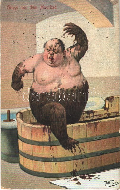 1918 Gruss aus dem Moorbad / fat man in the mud bath, mud spa, humour s: Arthur Thiele, 1918 Üdvözlet a sárfürdőből. s: Arthur Thiele