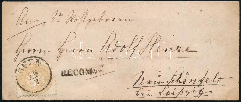 ~1865 Szakadtan felragasztott 15kr + a hátoldalon bontásnál eltépett 10kr ajánlott levélen a Lipcse melletti Neu-Schönfeldre 