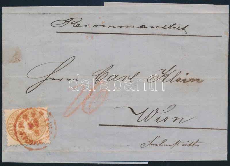 ~1865 15kr + 10kr on the back, on cover, red 