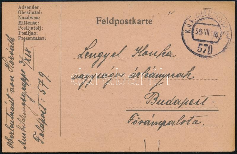 1918 Field postcard "FP 579", 1918 Tábori posta levelezőlap "FP 579"