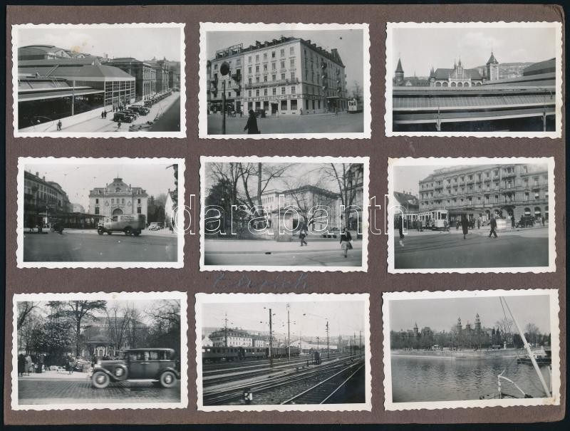 cca 1935 Zürich felirattal egy albumlap, rajta 18 db vintage fotó, villamos, mozdony, vasútállomás, automobil motívumokkal, 4x6,5 cm, karton 16x21 cm