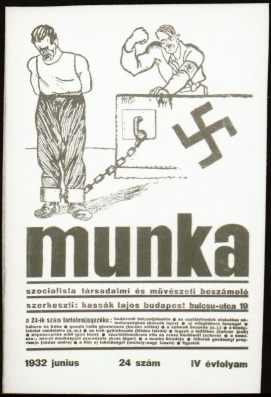 1932 Hitler karikatúra és horogkereszt Kassák Lajos Munka c. lapjának címoldalán, 1 db NEGATÍV másolat eredeti forrásról, Kotnyek Antal (1921-1990) budapesti fotóriporter hagyatékából, 3,5x2,5 cm