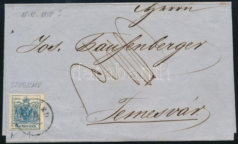 9kr MP III with plate flaw, 9kr MP III szép szélekkel, lemezhibákkal: a bal alsó saroknál kerettörés, a sas jobb szárnyánál fehér folt, távolsági levélen, 1858.12.18-i feladási dátummal, ekkor már másfél hónapja használatban volt az újabb kiadású bélyegsor! 