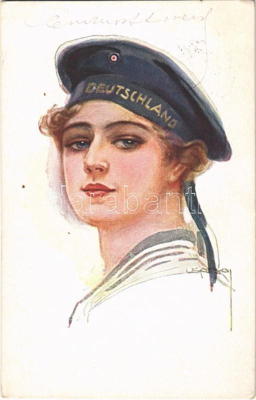 1916 "Deutschland" / WWI German Navy (Kaiserliche Marine) art postcard, lady in mariner's uniform s: Usabal + "K.u.K. Inft. Rgt. Fr. v. Hazai Nr. 46.", Első világháborús német haditengerészeti művészlap, hölgy tengerész egyenruhában. s: Usabal + "K.u.K. Inft. Rgt. Fr. v. Hazai Nr. 46."