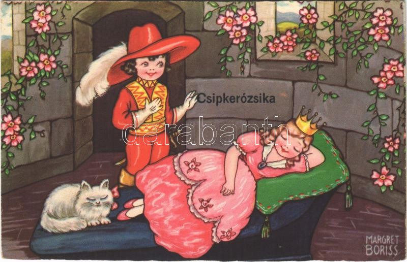 "Sleeping Beauty" Children art postcard, romantic couple. Amag 0345. s: Margret Boriss, Csipkerózsika. Amag 0345. s: Margret Boriss