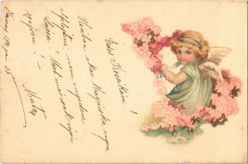 1901 Children art postcard, angel. Floral, litho, 1901 Gyermek művészlap, angyal virágokkal. Floral, litho