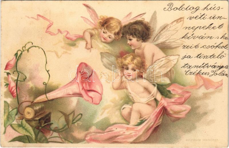 1901 Children art postcard, angels with gramophone. litho, Gyermek művészlap, angyalok gramofonnal. litho