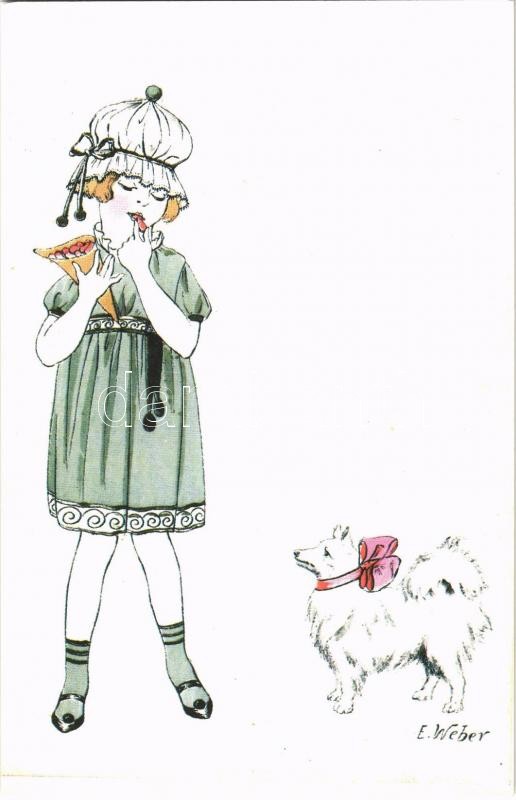 Children art postcard, girl with dog. N.P.G. A1002/5. s: E. Weber, Gyermek művészlap, kislány kutyával N.P.G. A1002/5. s: E. Weber